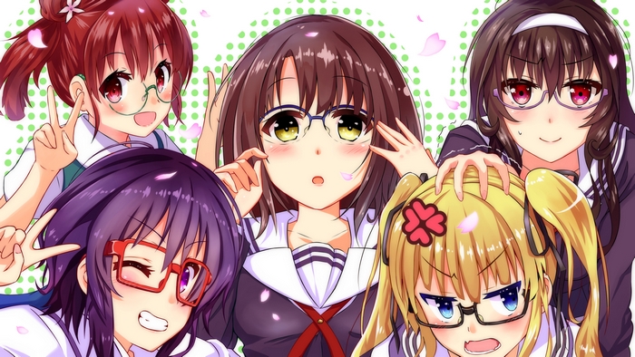 Five anime girls wearing glasses