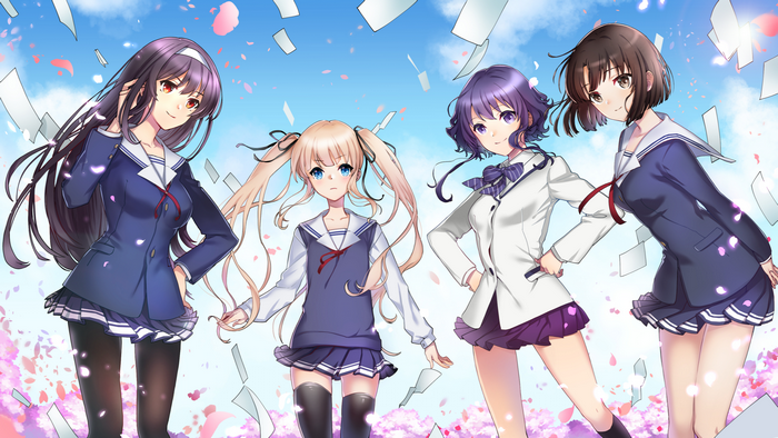 Four girls in school uniforms with falling petals