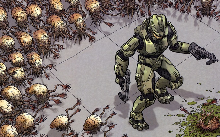 Master Chief fighting Flood creatures