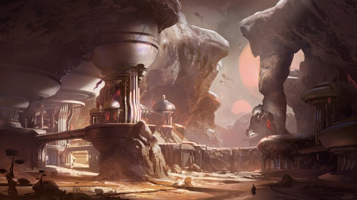 Alien Cityscape with Two Suns