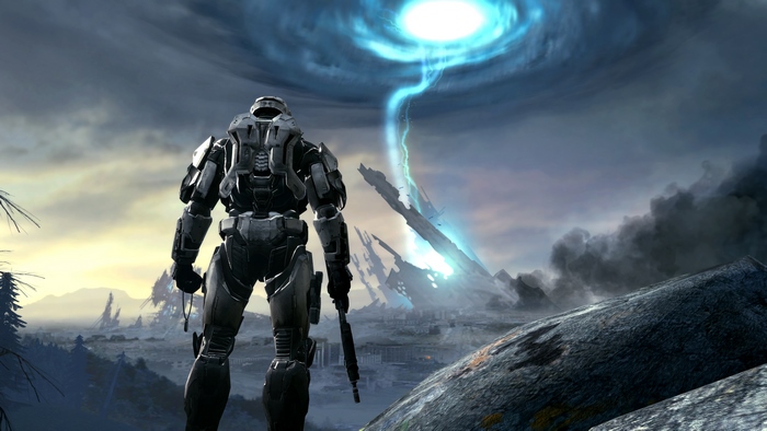 Master Chief in a desolate landscape with a blue anomaly