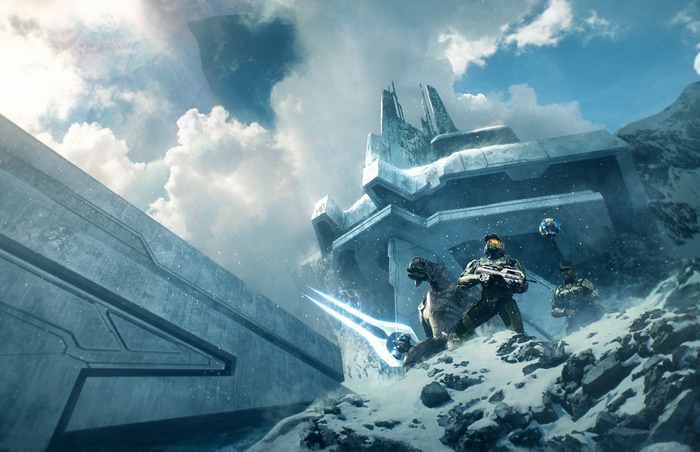 Master Chief and UNSC soldiers on a snowy alien planet