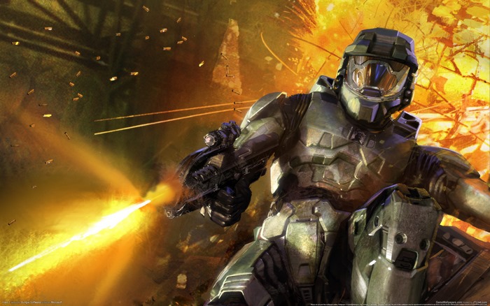 Master Chief from Halo firing weapon with explosion in background
