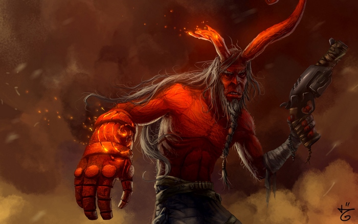 Hellboy with gun and large fist