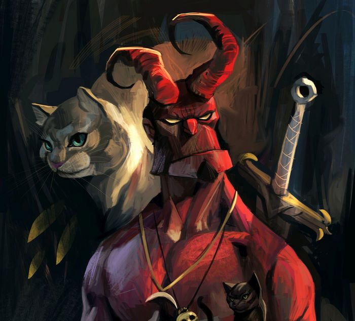Hellboy with cats and sword