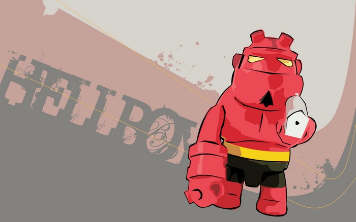 Hellboy character with text