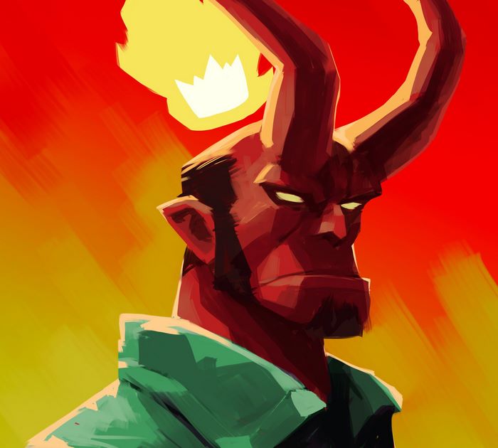 Hellboy with horns and crown of fire