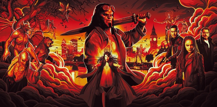 Hellboy and allies fighting monsters in London