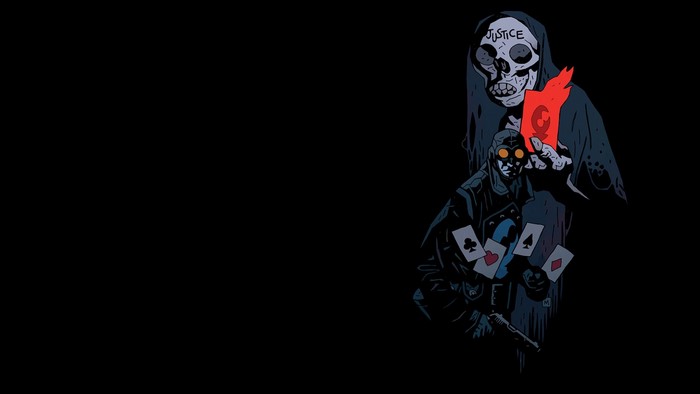 Hellboy character with playing cards and grim reaper