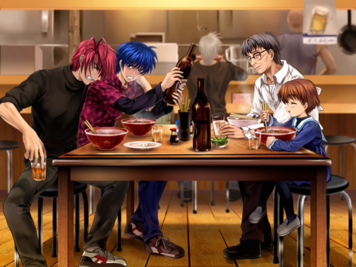 Tomoya Okazaki and friends eating at a restaurant