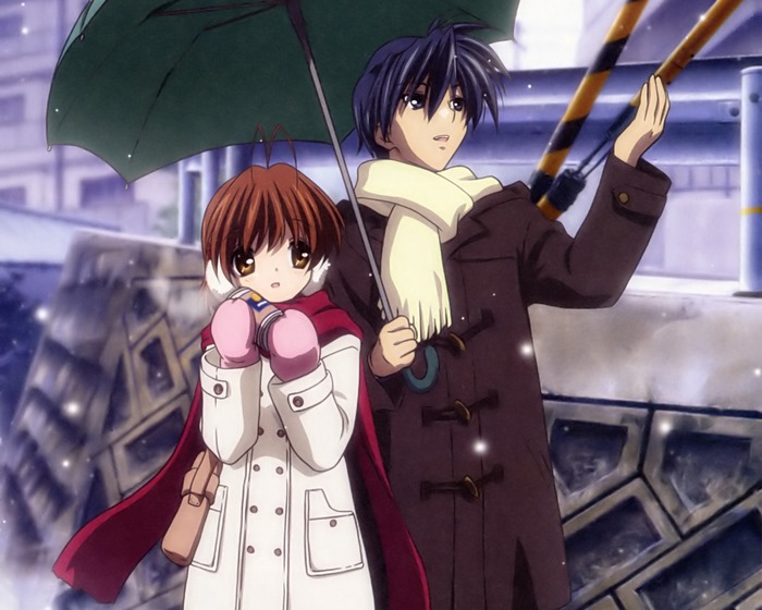 Tomoya Okazaki and Nagisa Furukawa under an umbrella