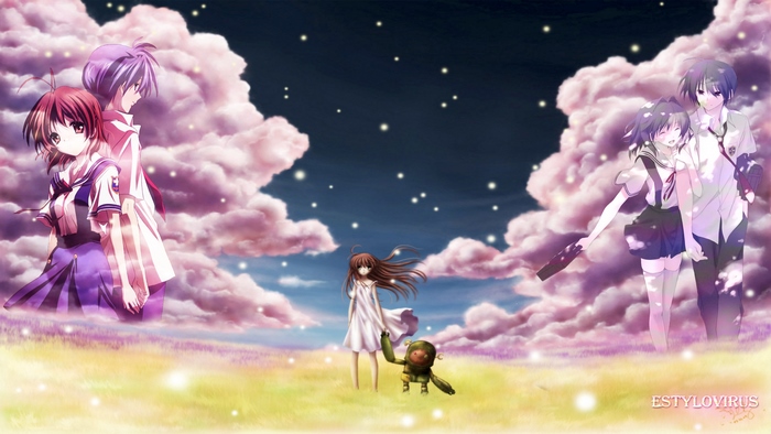 Tomoya Okazaki and friends in a dreamlike landscape