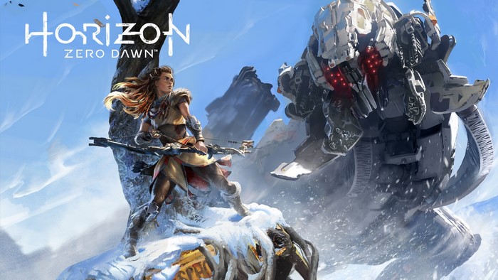 Aloy from Horizon Zero Dawn fighting a machine