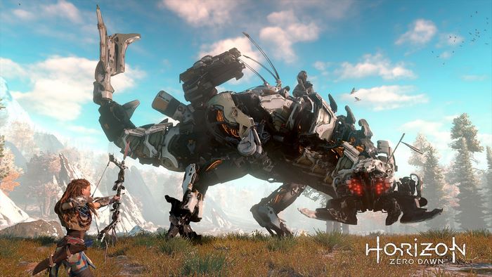 Aloy from Horizon Zero Dawn fighting a machine