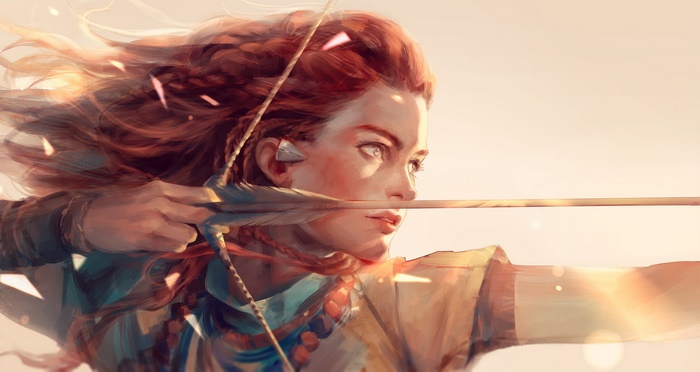 Aloy from Horizon Zero Dawn aiming a bow