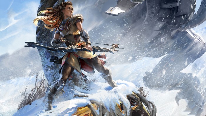 Aloy from Horizon Zero Dawn with a bow in a snowy landscape