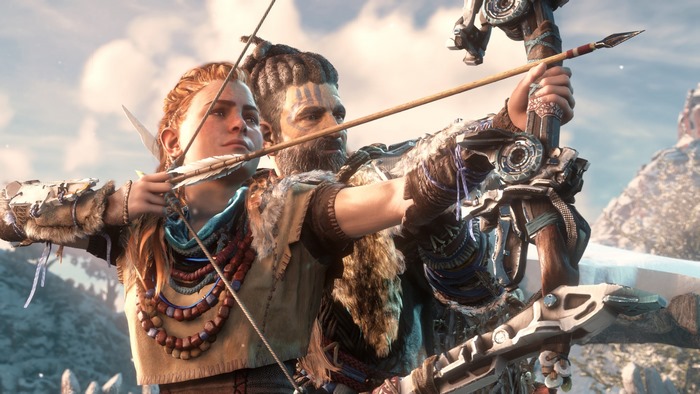 Aloy and Erend from Horizon Zero Dawn aiming bows