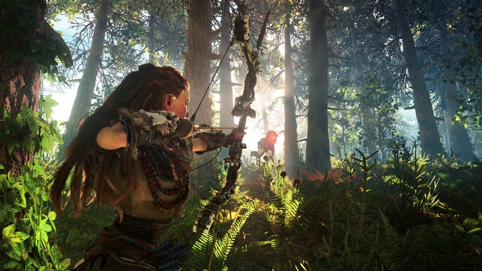 Aloy from Horizon Zero Dawn aiming a bow