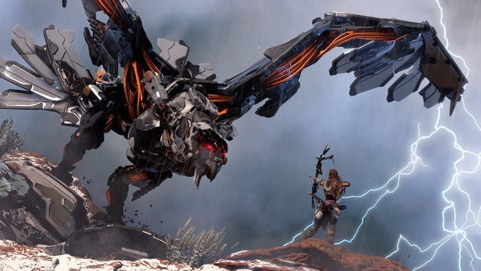 Aloy from Horizon Zero Dawn fights a mechanical bird