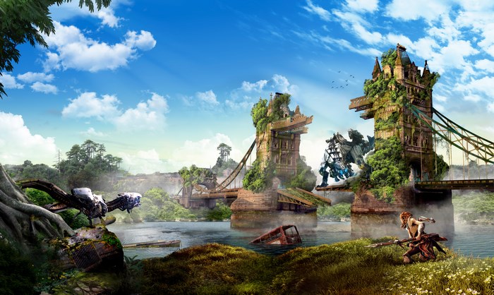 Aloy from Horizon Zero Dawn on a bridge