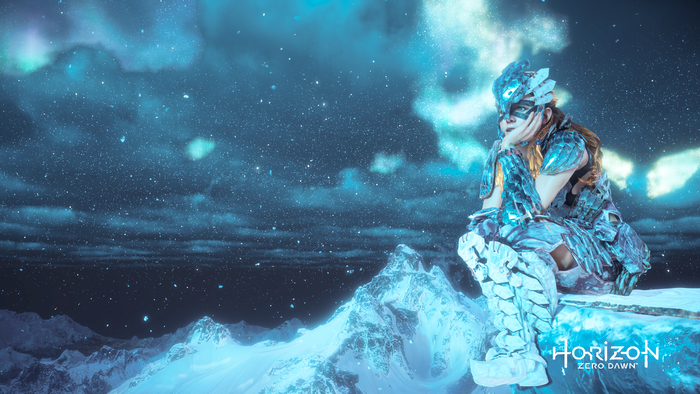 Aloy from Horizon Zero Dawn in snowy mountains