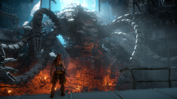 Aloy from Horizon Zero Dawn in a ruined mechanical structure