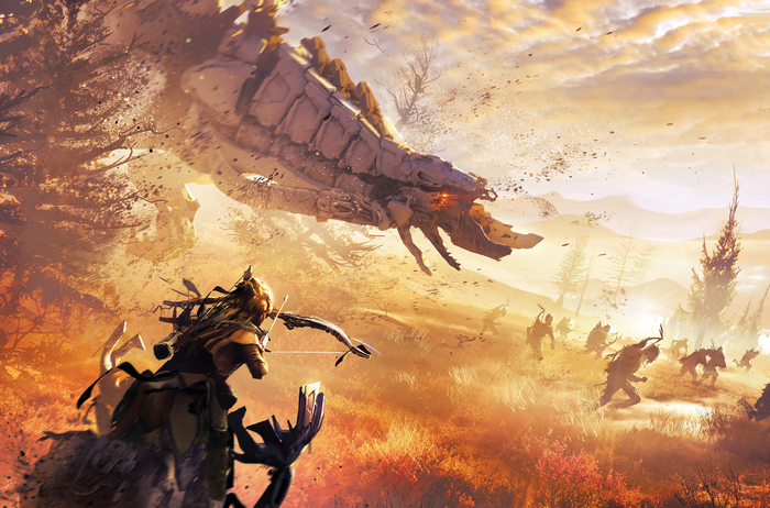 Aloy from Horizon Zero Dawn fighting a machine