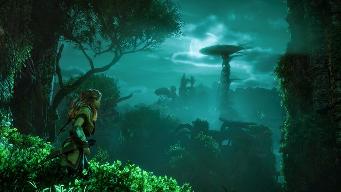Aloy from Horizon Zero Dawn in a forest at night