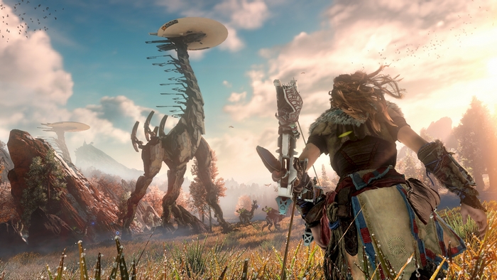 Aloy from Horizon Zero Dawn in a field with machines