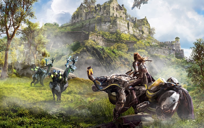 Aloy from Horizon Zero Dawn riding a machine