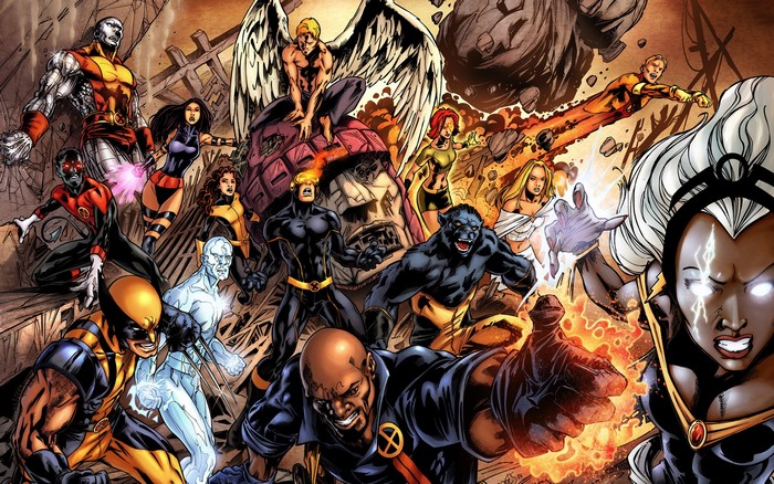 X-Men characters fighting a Sentinel