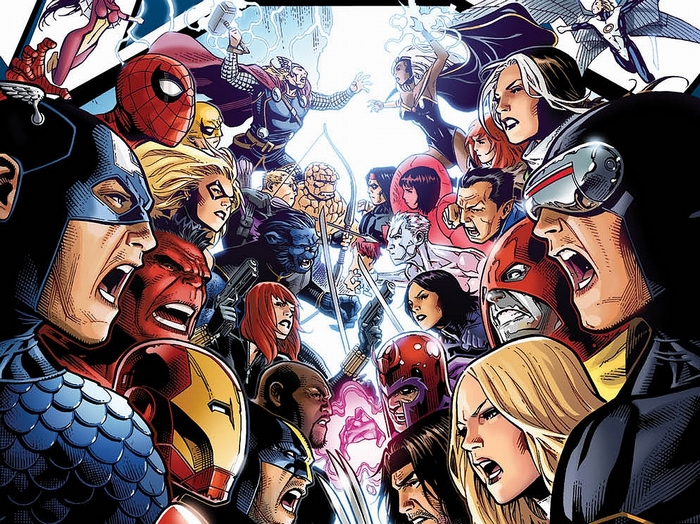 Avengers and X-Men characters in battle