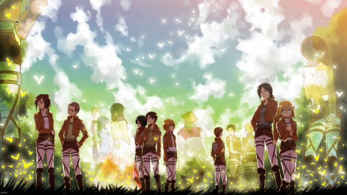 Attack on Titan characters in a field