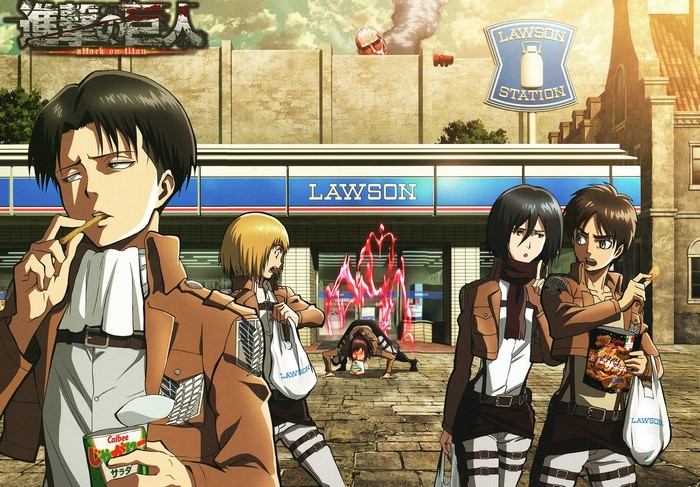 Attack on Titan characters at Lawson Station