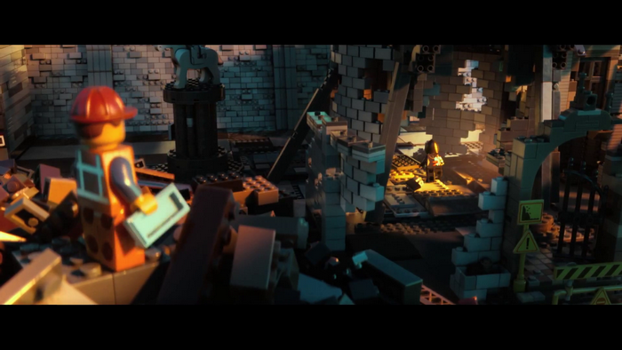 Emmet from The Lego Movie in a destroyed Lego environment