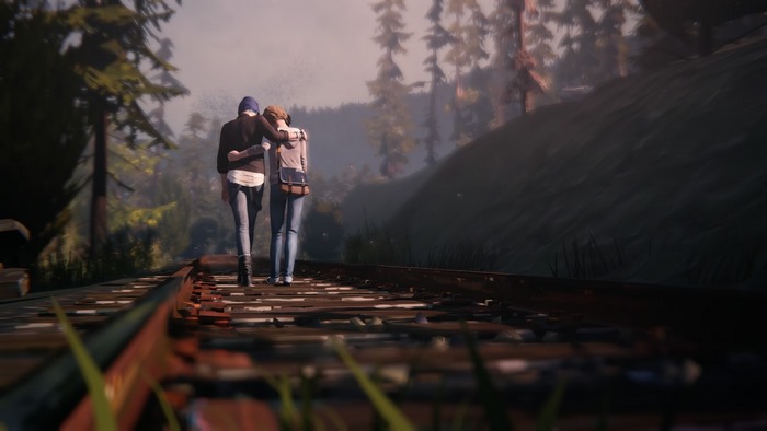Chloe Price walking on train tracks