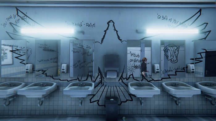 Chloe Price in a graffiti-covered bathroom