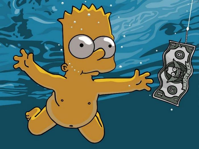 Bart Simpson underwater reaching for Krusty Buck