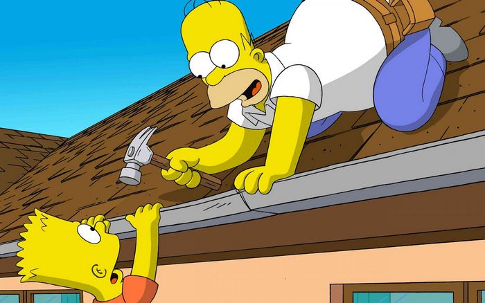 Homer and Bart Simpson on a roof