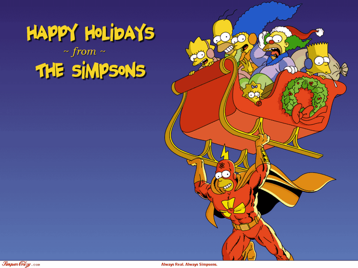 The Simpsons characters in a sleigh pulled by Radioactive Man