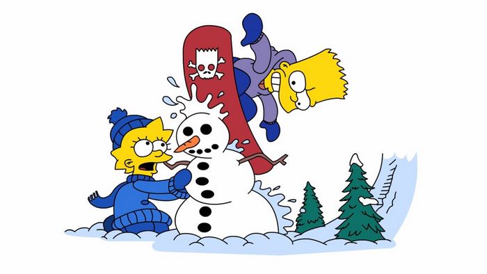 Bart and Lisa Simpson snowboarding and building a snowman