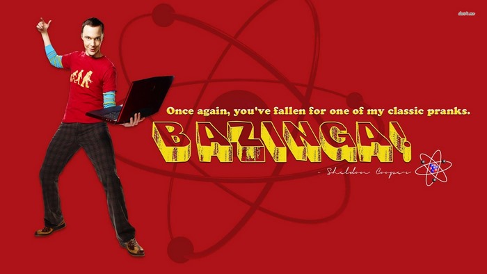 Sheldon Cooper from The Big Bang Theory with Bazinga text