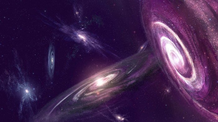Spiral galaxies in a purple nebula