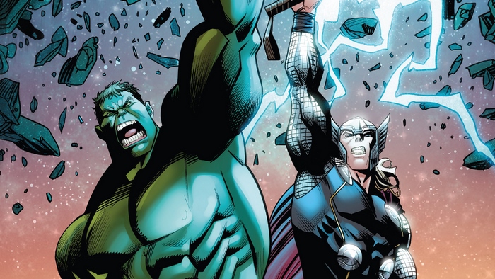 Hulk and Thor fighting amidst debris