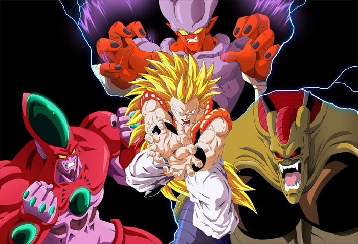 Gogeta and three demons from Dragon Ball Z