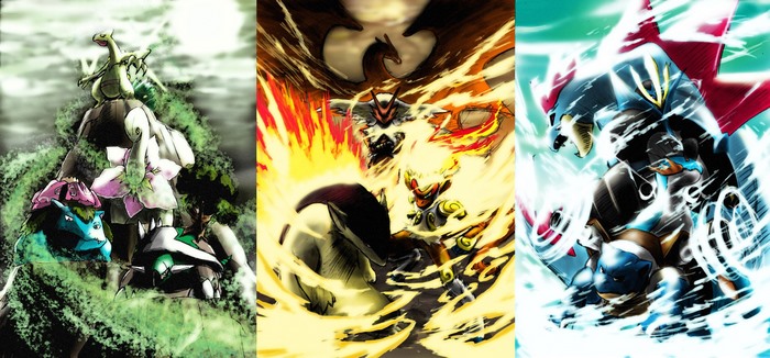 Pokemon Triptych: Grass, Fire, and Water Types