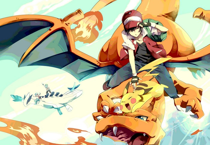 Red and Pikachu riding Charizard with Lugia in background