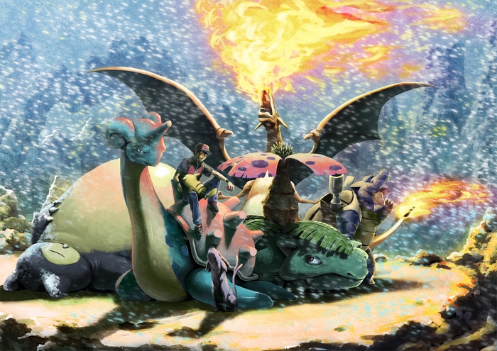 Pokémon trainers with Charizard, Lapras, Snorlax, Venusaur, and Blastoise