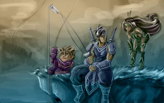 Characters fishing on a body of water