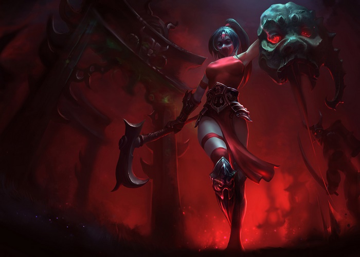 Akali from League of Legends holding a dragon head